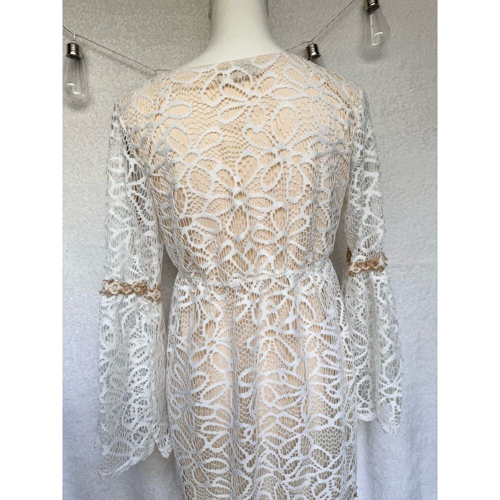 Basically me Cream Floral Lace Flared Sleeves Babydoll Mini Dress Women's M/L - Picture 7 of 12